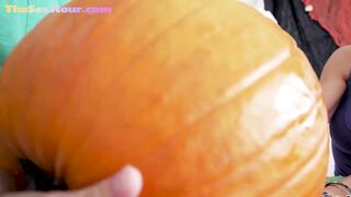 Busty halloween babe riding cock after carving pumpkins