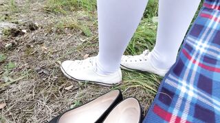 Schoolgirl in white knee socks walk nature foot feet fetish under skirt