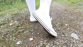 Schoolgirl in white knee socks walk nature foot feet fetish under skirt