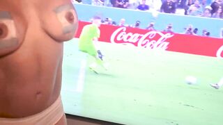 Football mom cheering for Argentina in World Cup in Qatar - Big boobs Soccer MILF Sport white socks