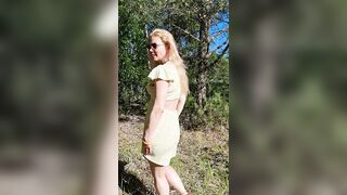 Peeing outdoors from my big gaping pussy in my pretty yellow summer dress, view from behind