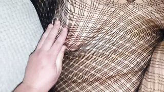 Amateur wife in black fish net gets cum on her sexy ass