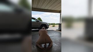 Solo big dildo ride outdoors