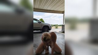 Solo big dildo ride outdoors