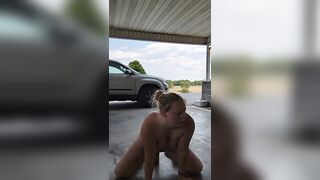 Solo big dildo ride outdoors