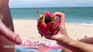 microbikini milf on beach picnic jerks off husband with a dragon fruit OnlyFans @ Appleliu-76