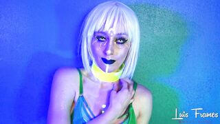 Alien teen stretches her asshole with a glass dildo and gets anally fucked