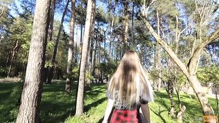 Naughty girl in miniskirt no panties flashing in the park (public upskirt)